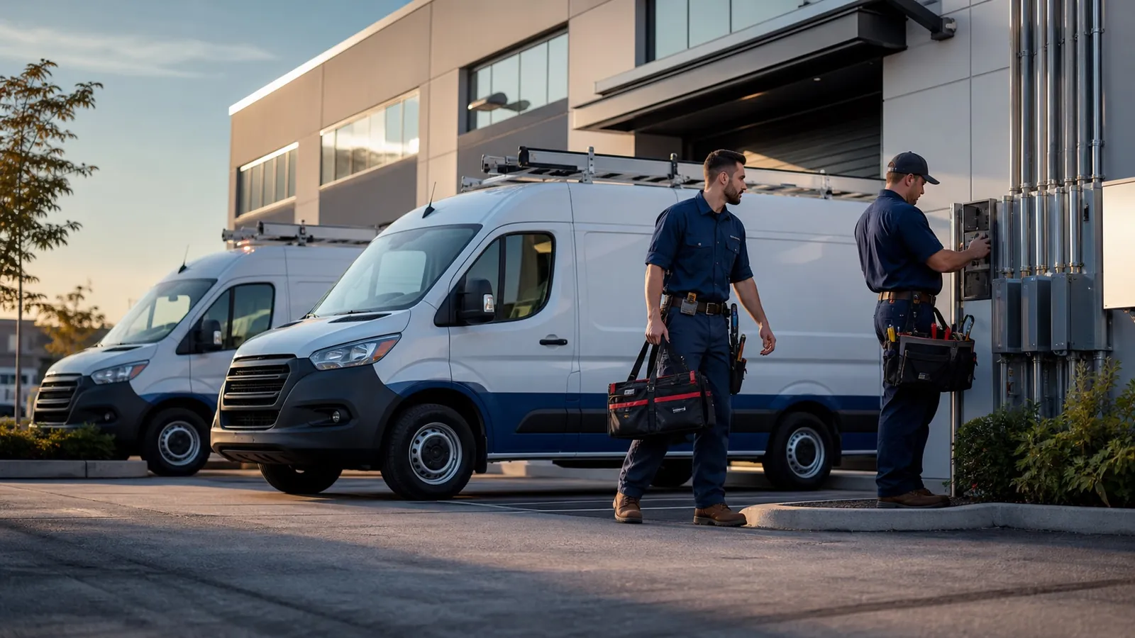 Electrical service team beside commercial service vehicles